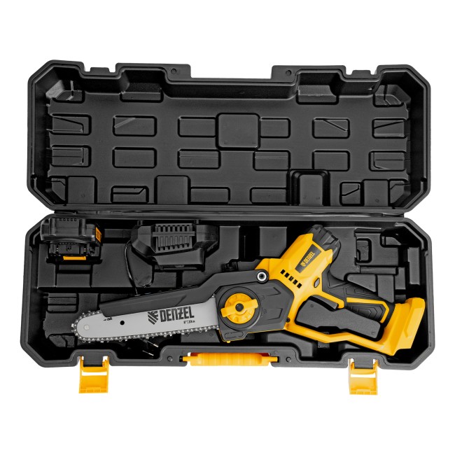 Цепная мини-пила аккумуляторная СCS-200BL, шина 200 мм, Li-Ion, 20 В Denzel Цепная мини-пила аккумуляторная СCS-200BL, шина 200 мм, Li-Ion, 20 В Denzel