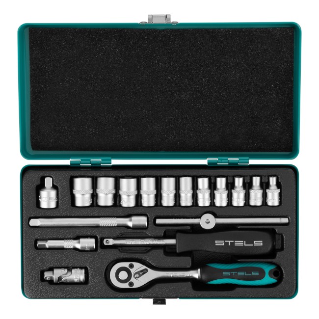 Набор торцевых головок с трещоткой, 1/4" 18 предметов Stels Набор торцевых головок с трещоткой, 1/4" 18 предметов Stels