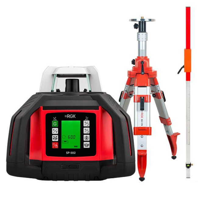 Комплект: ротационный нивелир RGK SP-502 + штатив RGK SH-170, рейка RGK LR-2 Комплект: ротационный нивелир RGK SP-502 + штатив RGK SH-170, рейка RGK LR-2