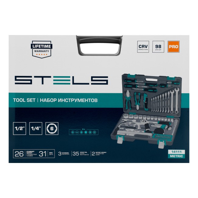 Набор инструментов 1/2", 1/4", CrV 98 предметов Stels Набор инструментов 1/2", 1/4", CrV 98 предметов Stels